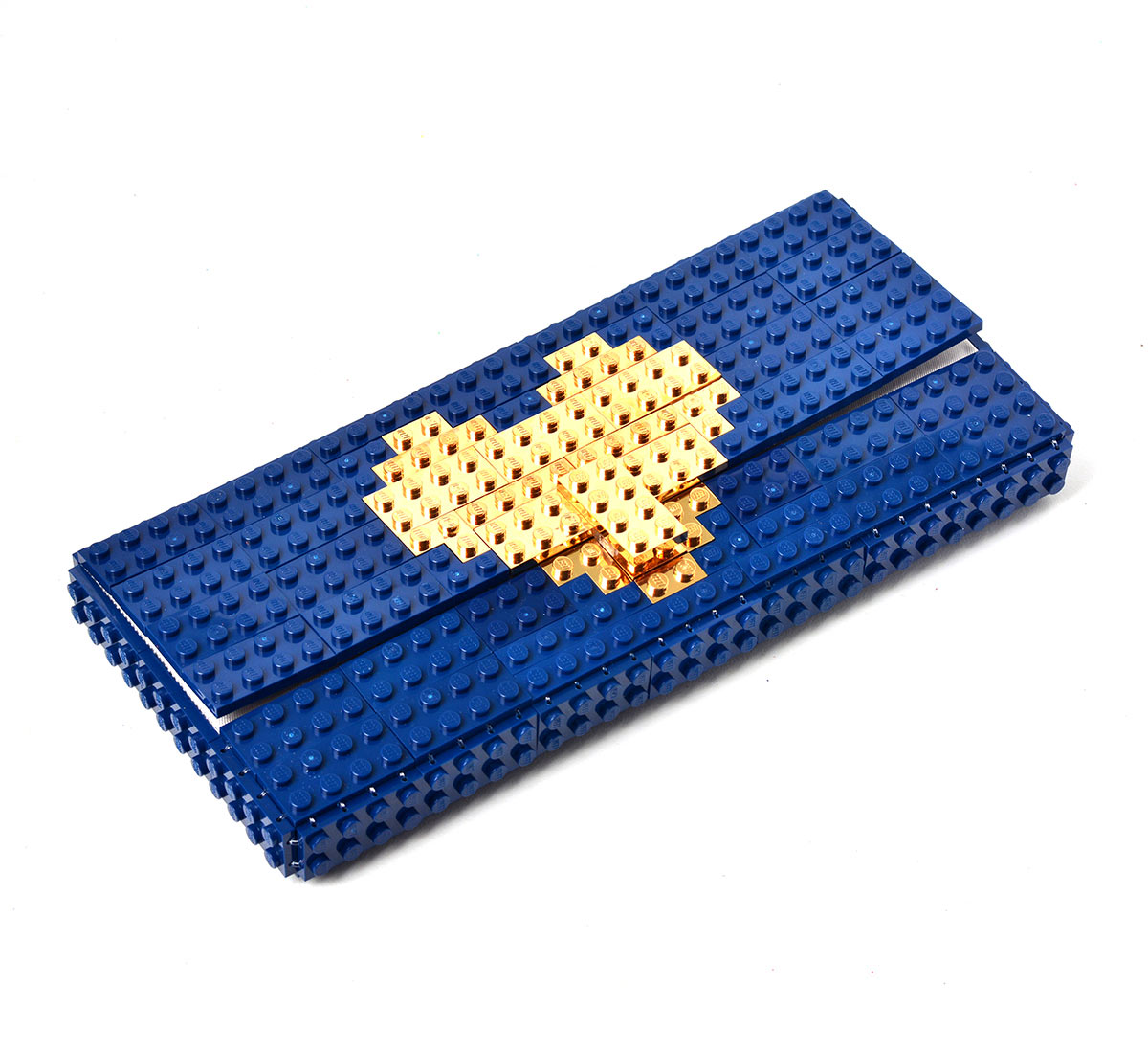 gold plated lego purse in blue