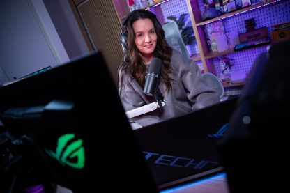 Sam "Tech Girl" Wright at her PC setup, host of the Loading In podcast.