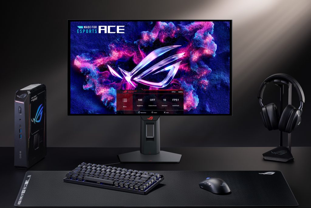 ROG Strix OLED XG259QWPG Ace — the world's first OLED esports monitor displayed against a dark background