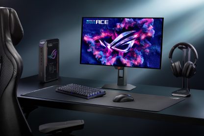 ROG Strix OLED XG259QWPG Ace monitor on a gaming desk setup showing in-game visuals