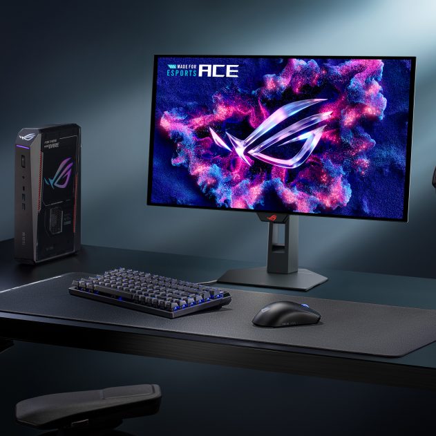ROG Strix OLED XG259QWPG Ace monitor on a gaming desk setup showing in-game visuals