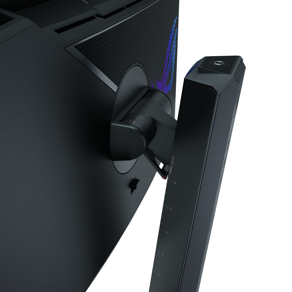 Close-up of the ROG Strix OLED XG259QWPG Ace monitor stand showing precision measurement markings for competitive gaming setup