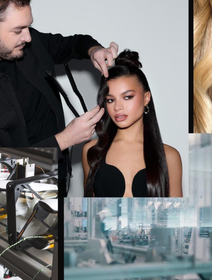 Professional hair stylist using the black ghd Sculpt styler to create smooth waves on a client in a salon.