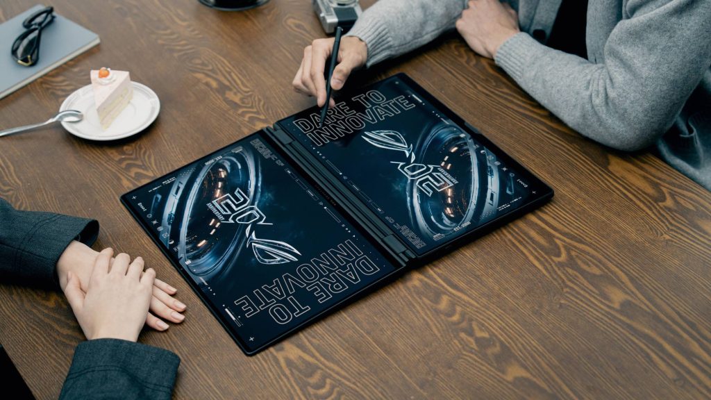 ASUS Zephyrus Duo laid completely flat on a table for group presentation and screen sharing