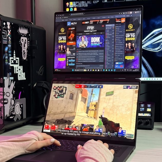 Close-up hero shot of the ASUS ROG Zephyrus Duo dual-screen laptop setup