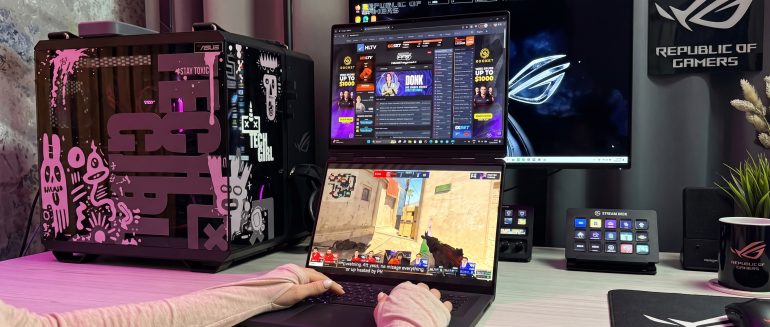 Close-up hero shot of the ASUS ROG Zephyrus Duo dual-screen laptop setup